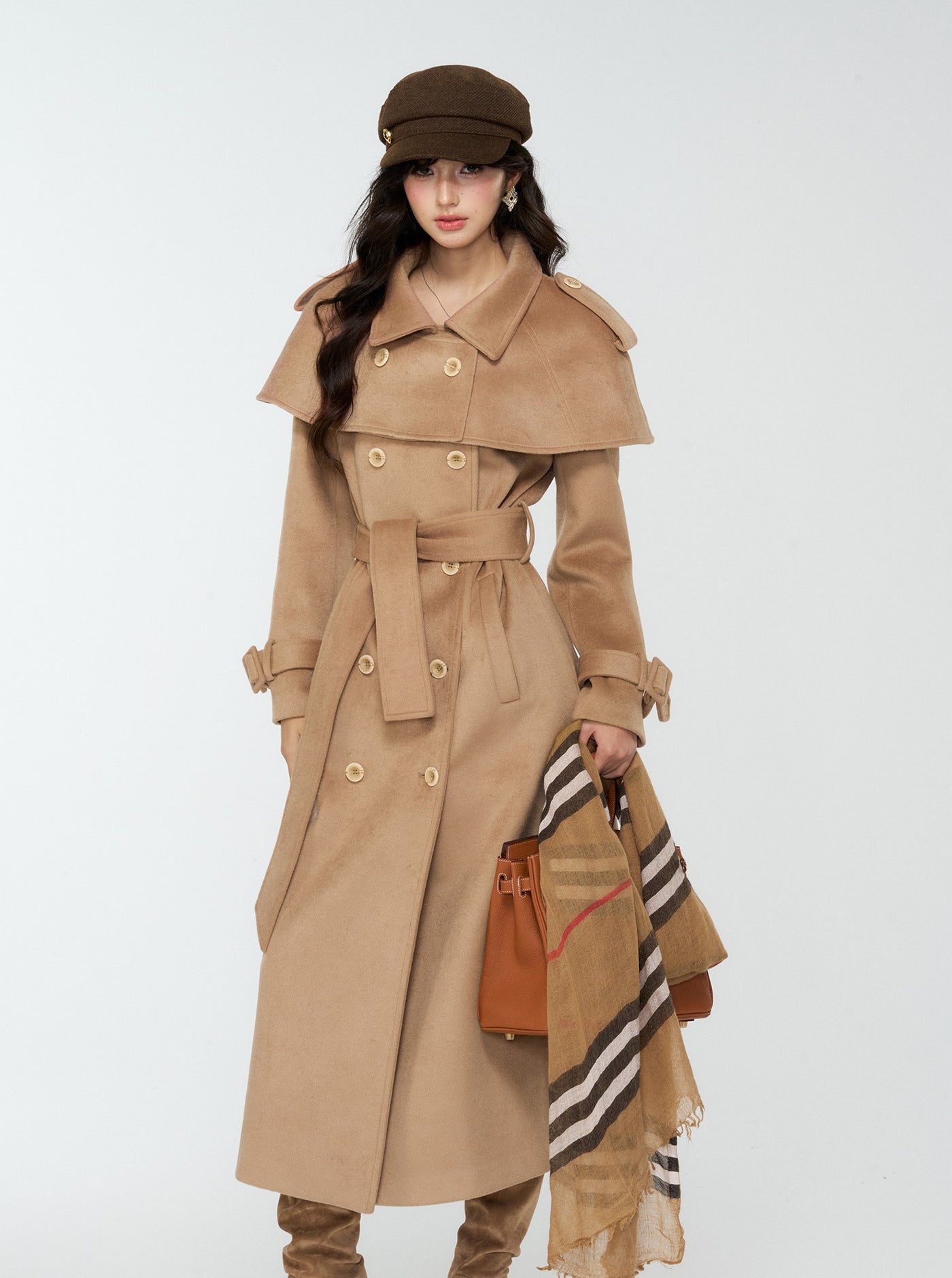 British Style Brown Long Cape Wool Coat 4MU0170