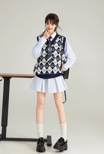 Blue Striped Polo Collar A-line Pleated Shirt Dress KEI0123