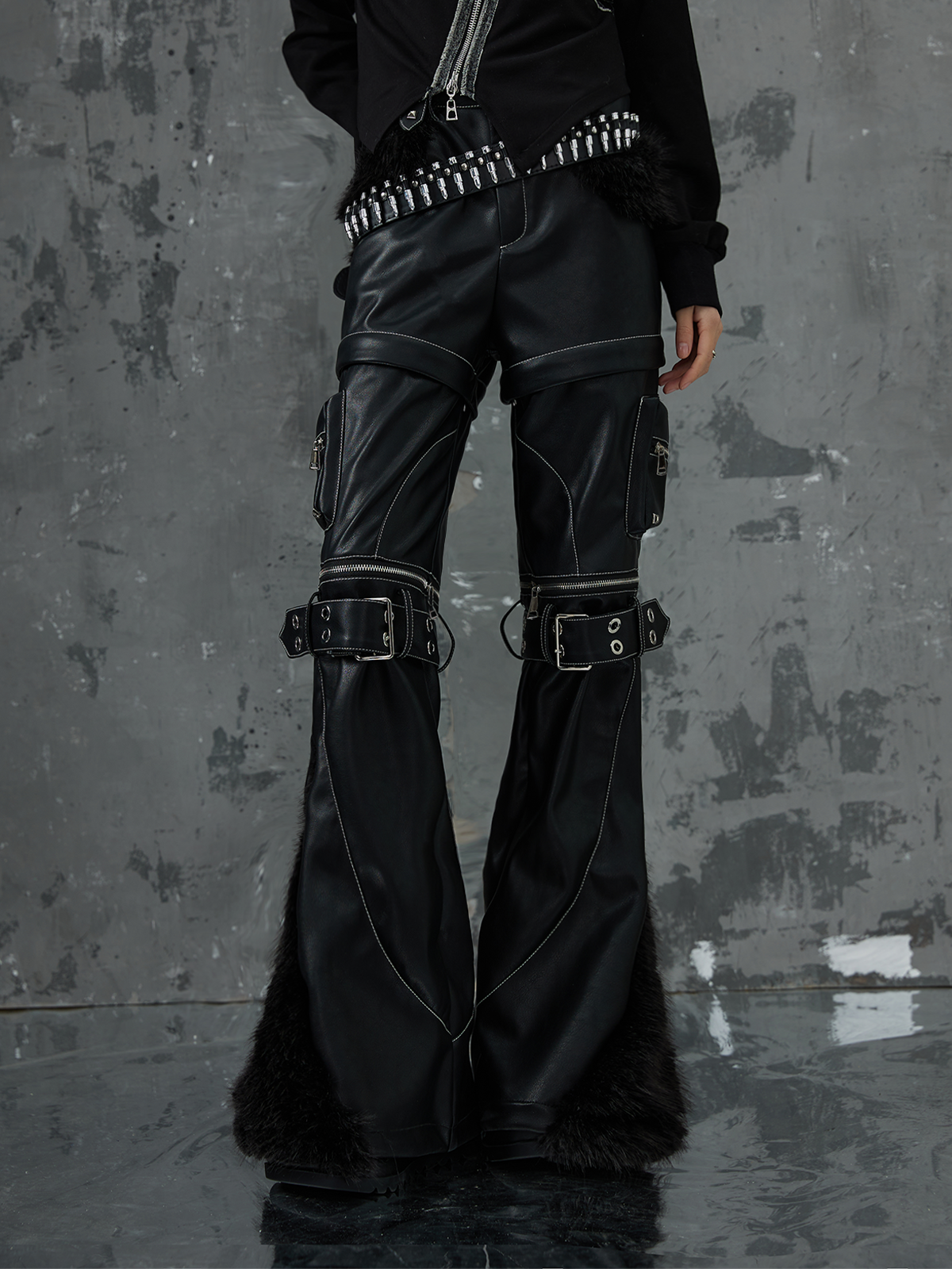 Punk Detachable Splicing Furry Flared Leather Pants FRU0050