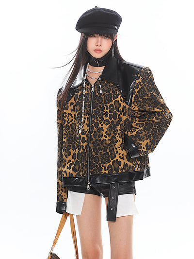 Wild Leopard Design Leather Lapel Zipper Jacket UNC0189