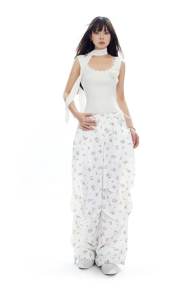 Floral Drawstring Loose Straight Versatile Wide-leg Pants APE0314