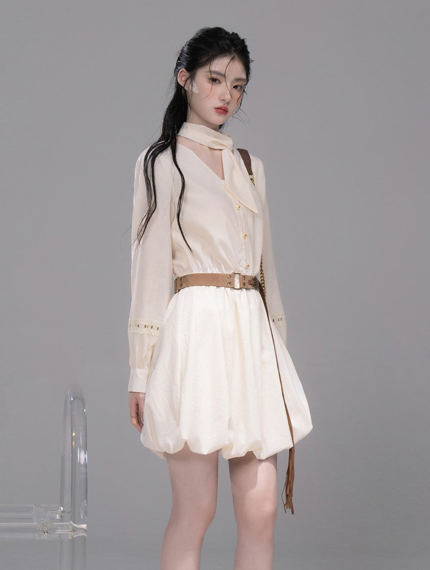 Custard Vest/Lace White Shirt Dress COT0336