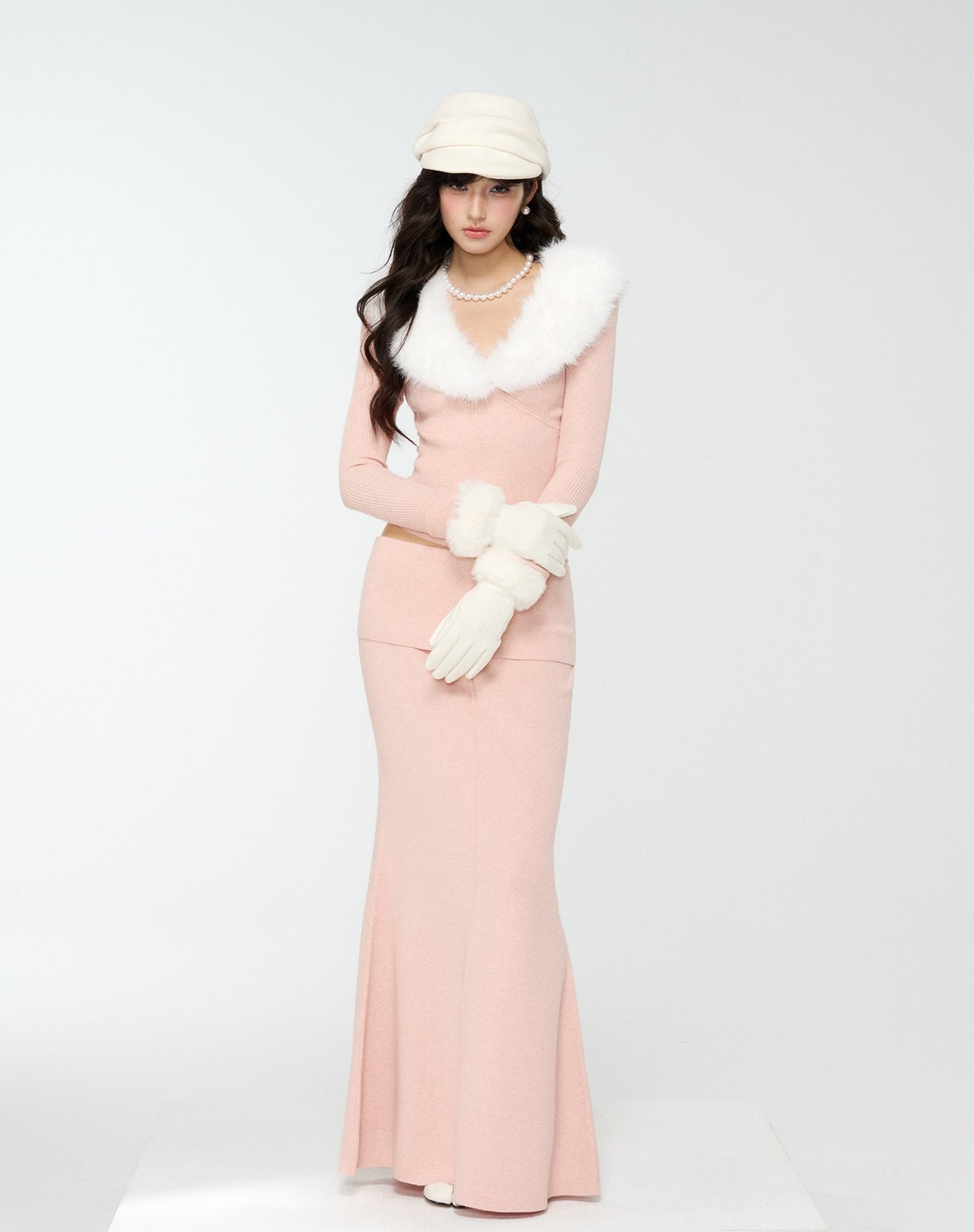 Detachable Fur Collar Sweater/Fishtail Skirt 4MU0171
