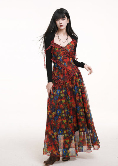Red Floral Suspender Dress LAD0168