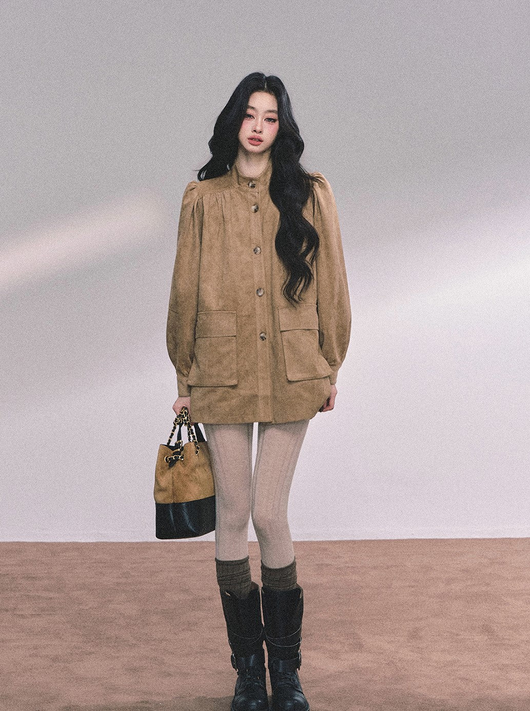 Coffee Brown Suede Stand Collar Jacket DIA0609