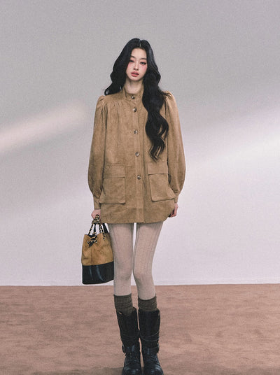 Coffee Brown Suede Stand Collar Jacket DIA0609