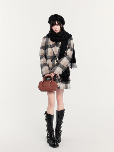 Retro College Style Warm Plaid All-match Woolen Coat VOC0269