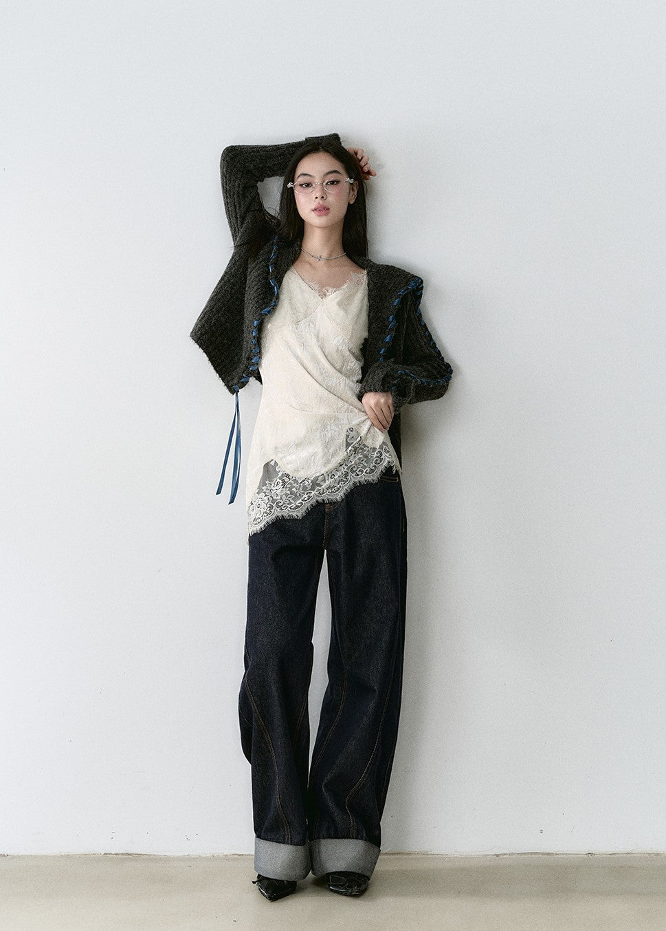 Ribbon Large Lapel Knitted Cardigan VIA0165