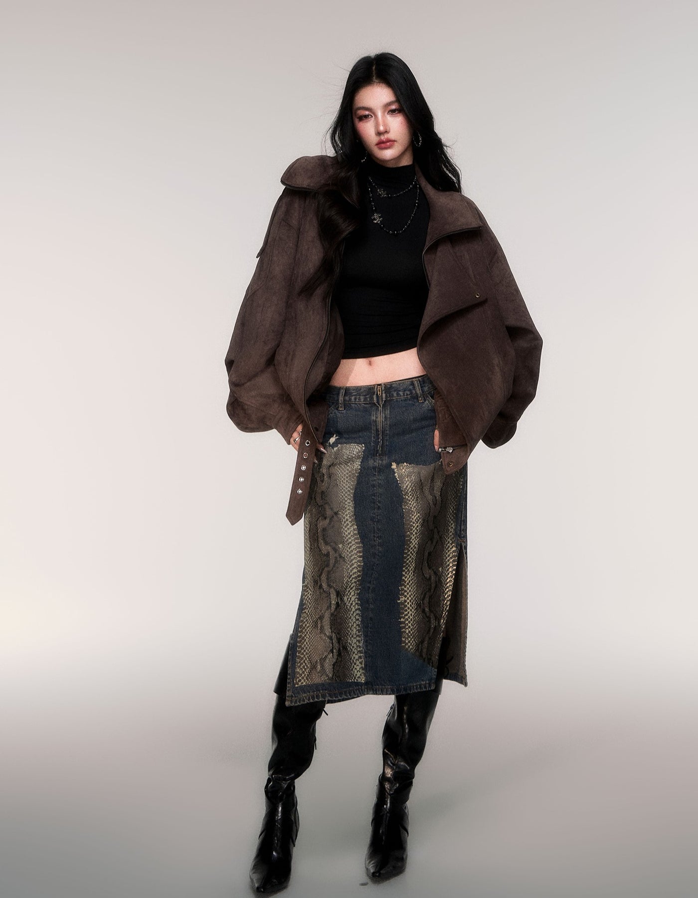 Python Print Straight-Line Denim Skirt LUL0209