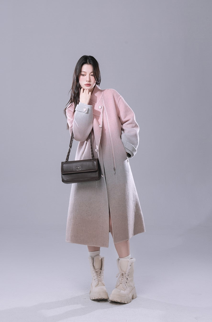 Gradient Powder Pink And Blue Contrast Tencel Double-faced Wool Coat COT0163