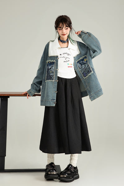 Literary Style Embroidered Denim Casual Jacket/Black Long Skirt KEI0122