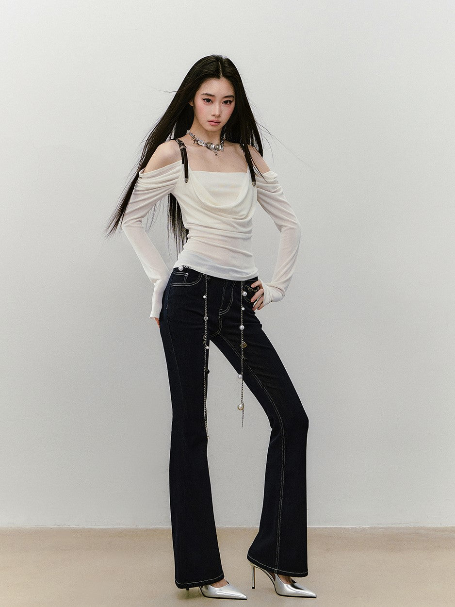 Leather Shoulder Strap Long-sleeved T-shirt VIA0336