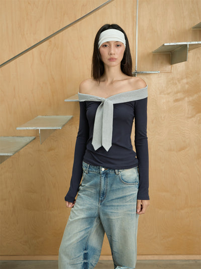 One-shoulder Striped Tie-stitched T-shirt CUR0248