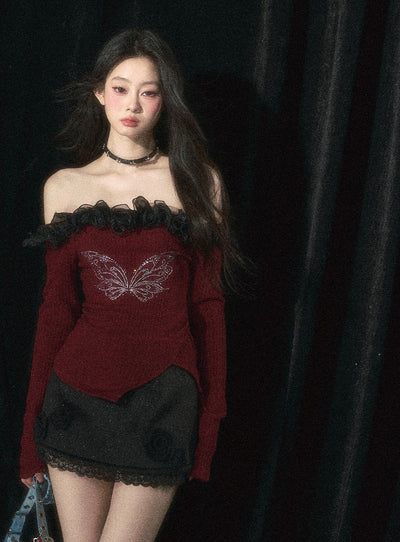 Butterfly Design One-shoulder Lace Long-sleeved Slim T-shirt DIA0260