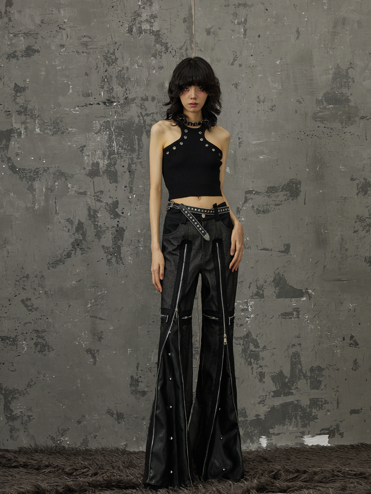 Street Punk Rivet Zipper Cross Wide Leg Flared Pants FRU0047