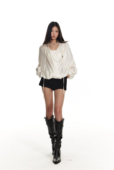 Lantern Sleeve Oblique Collar Loose Pleated Large Shirt 4MU0061