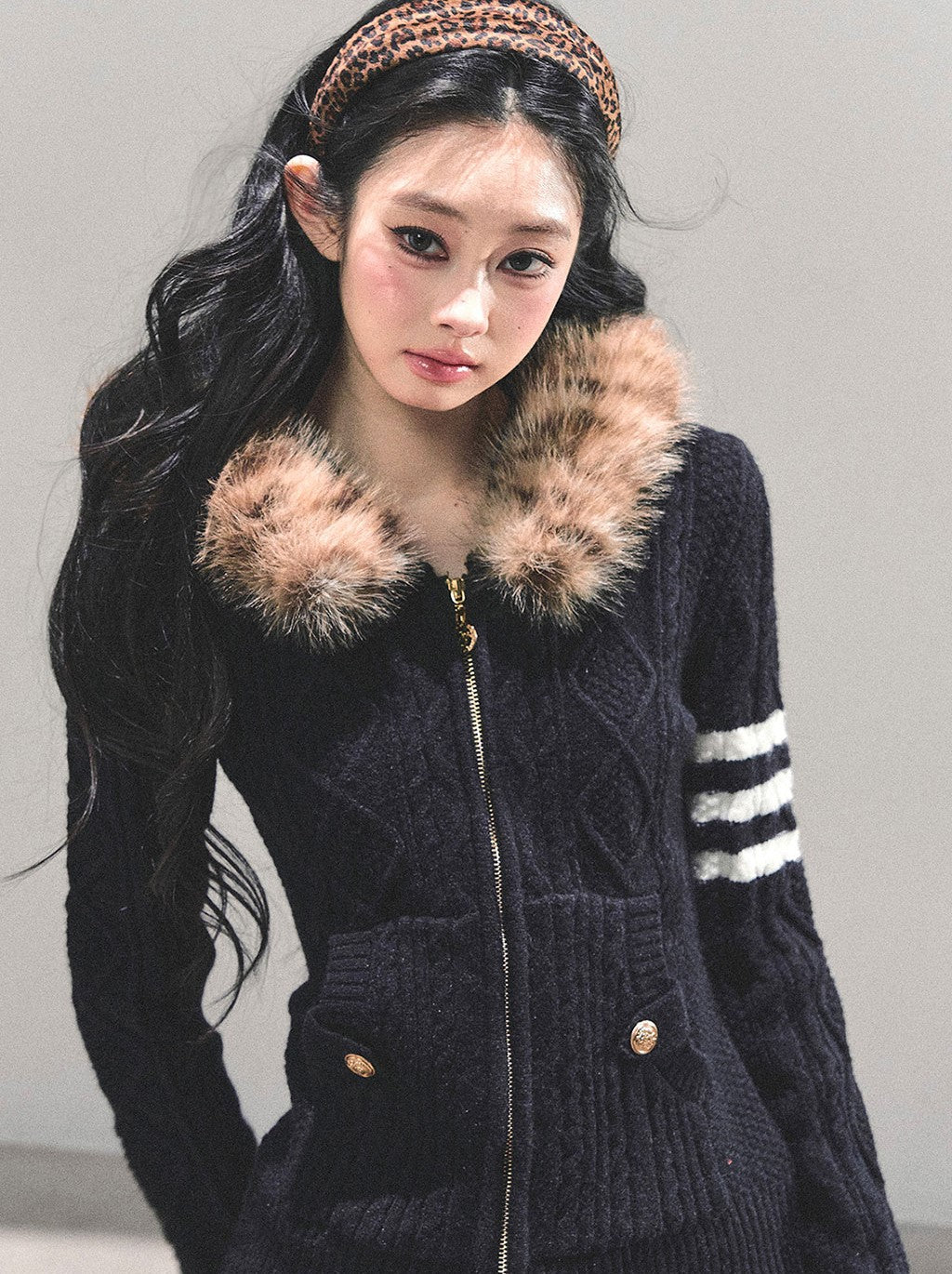 Fur Hooded Knit Cardigan DIA0705