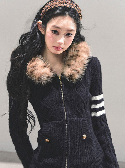 Fur Hooded Knit Cardigan DIA0705