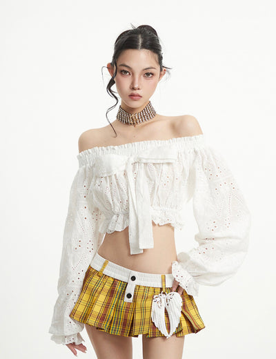 Puff Sleeve One Shoulder Bow Short Shirt UNC0258
