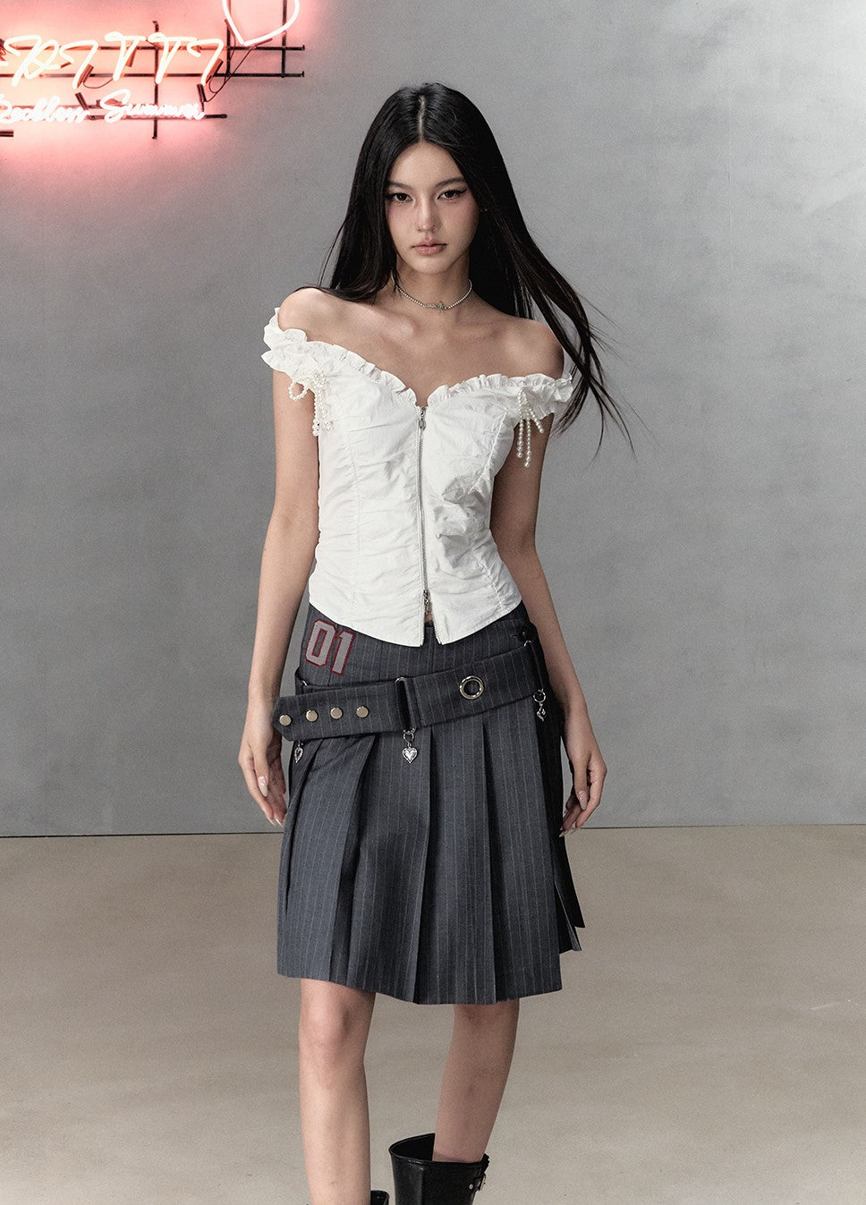 Irregular Waist Pleated A-Line Midi-Length Skirt/Belt VIA0135