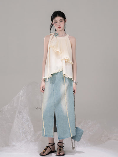 Irregular Halter Neck Ruffled Top/Pants COT0303