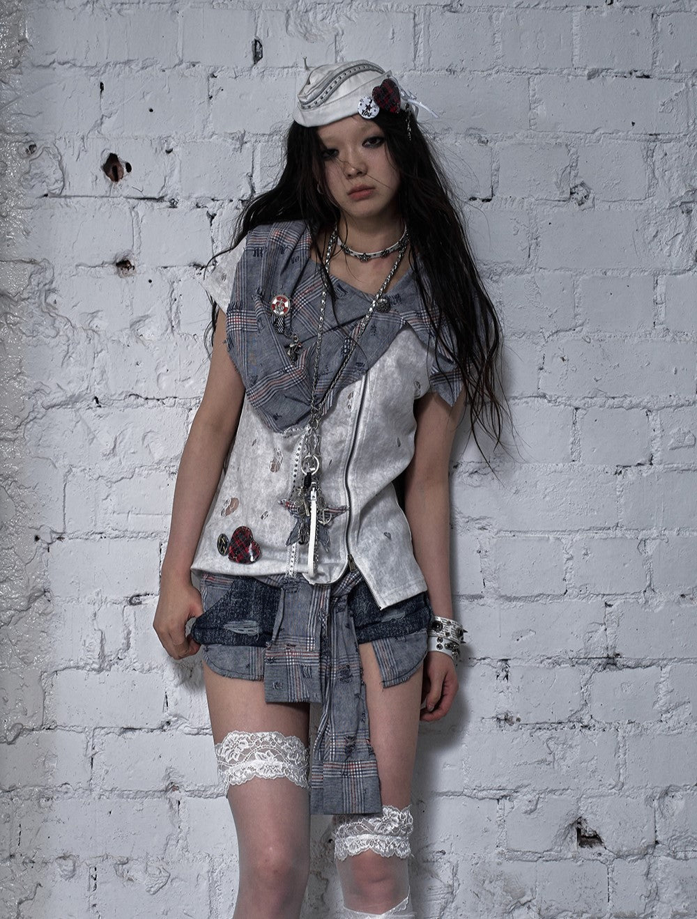 Punk Plaid Scarf Fake Two-piece T-shirt NOR0183