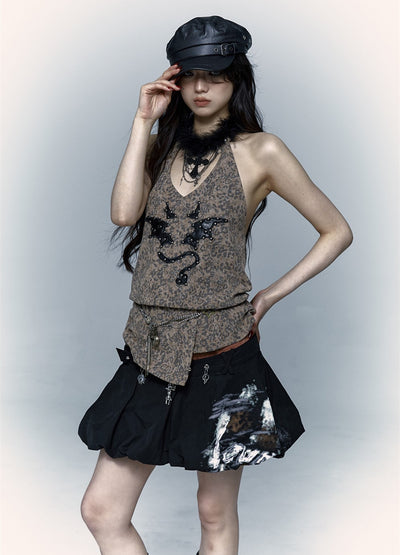 Punk Street Rock Embroidery Leopard Print Halter Vest NOR0067