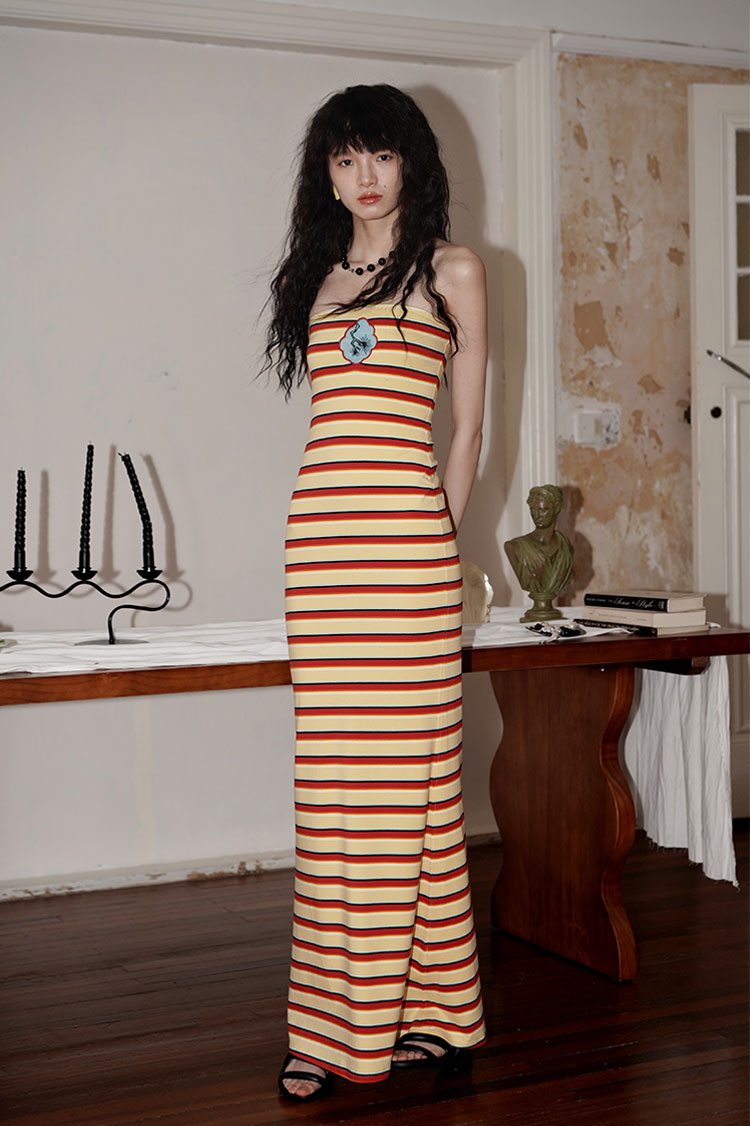 Embroidery Striped Knitted Tube Top Long Dress BAD0008