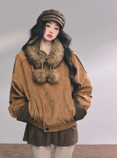 Hazelnut Velvet Suede Jacket/Pleated Skirt DIA0604