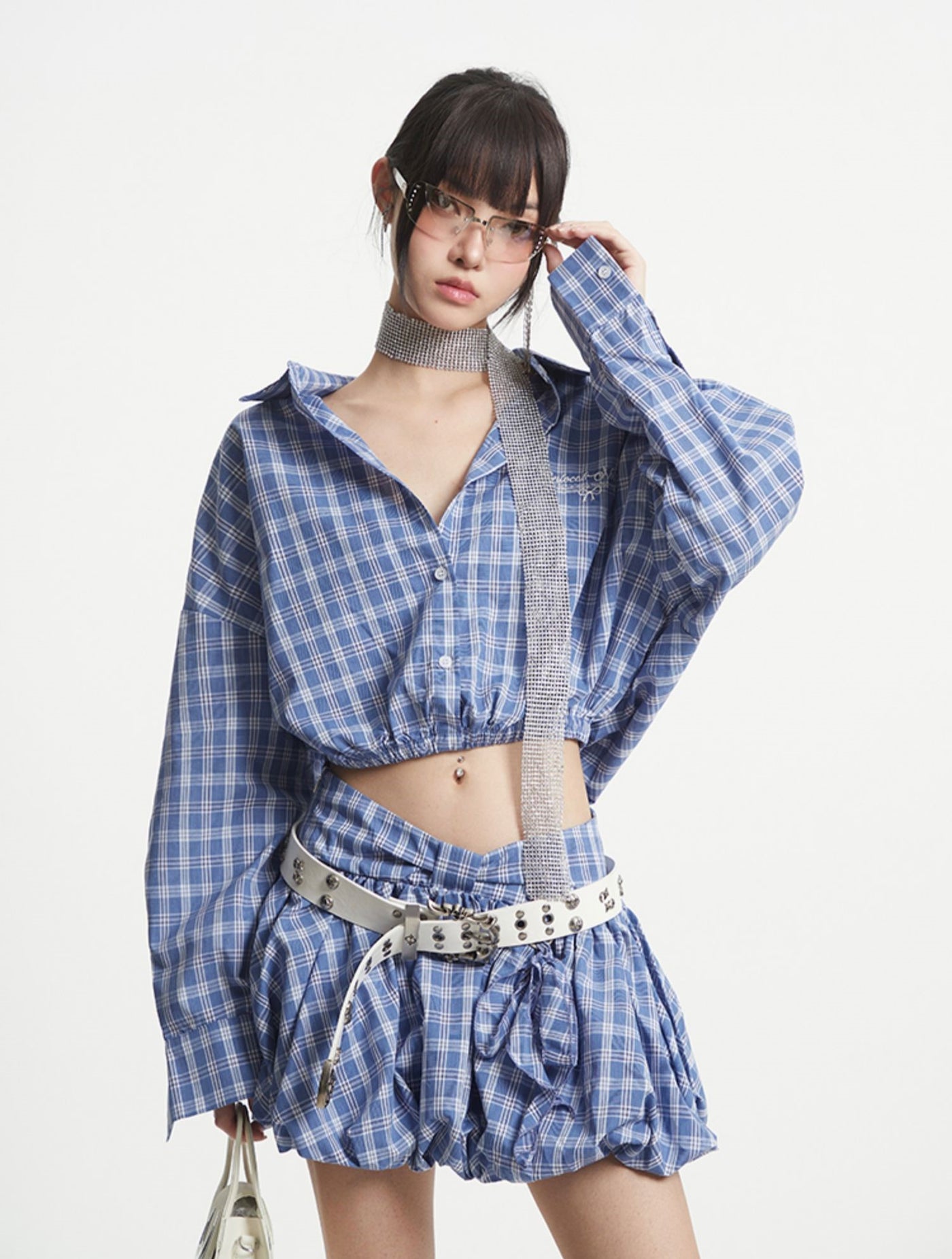 Blue Plaid Short Shirt/Puffy Short Skirt UNC0251
