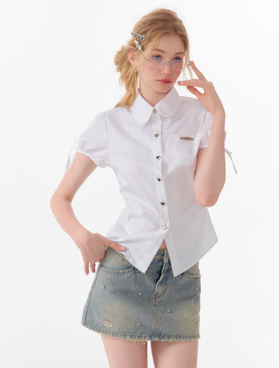 American Retro Design Puff Sleeve Bow Short-sleeved Shirt ZIZ0092