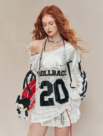 American Baseball Lace Lazy Hollow Embroidery Loose Off-shoulder Jersey Top DIA0205