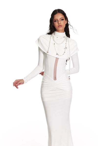 White Church Style Pleated Waist Slim Long Dress/Shawl 4MU0063