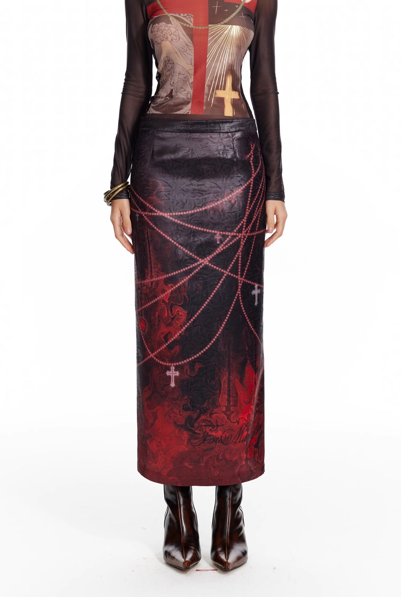 Flame Oil Painting Print Medium-length Straight Skirt 4MU0087