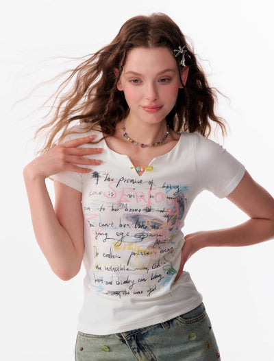 Letter Graffiti Print Slim Small V-neck Short-sleeved T-shirt ZIZ0100