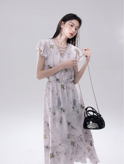 Purple V-neck Tie-strap Dress COT0245
