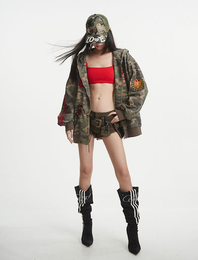 Camouflage Hooded Lazy Zipper Jacket UNC0255