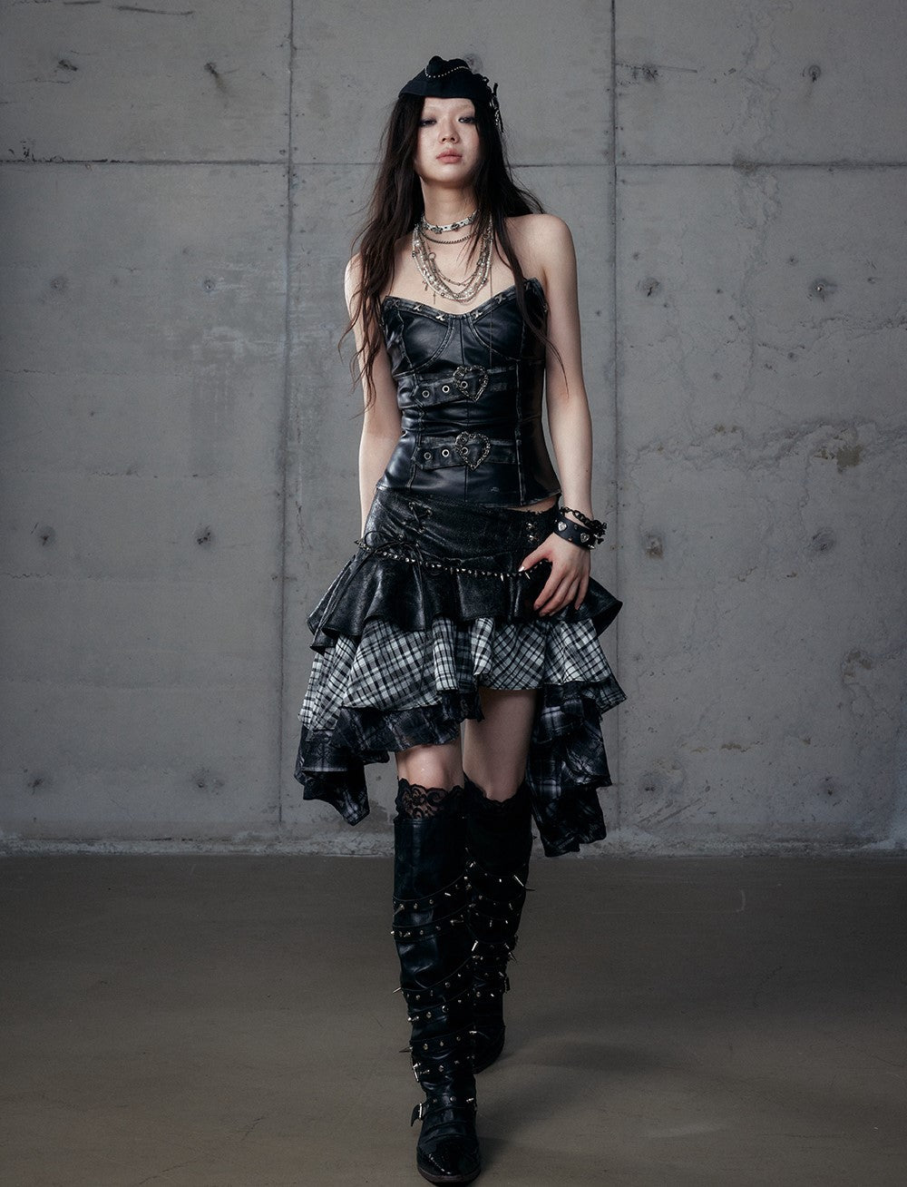 Punk Plaid Irregular Splicing Leather Skirt NOR0188