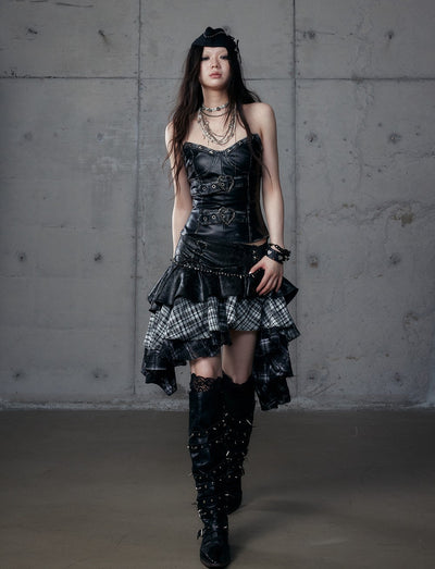 Punk Plaid Irregular Splicing Leather Skirt NOR0188