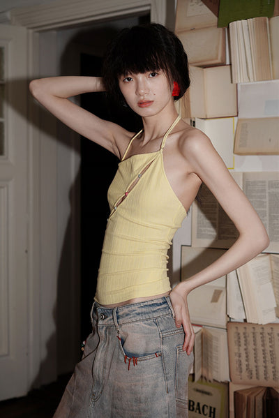 Halter Neck Hollow Back Design Slim Fit Solid Color Camisole BAD0003