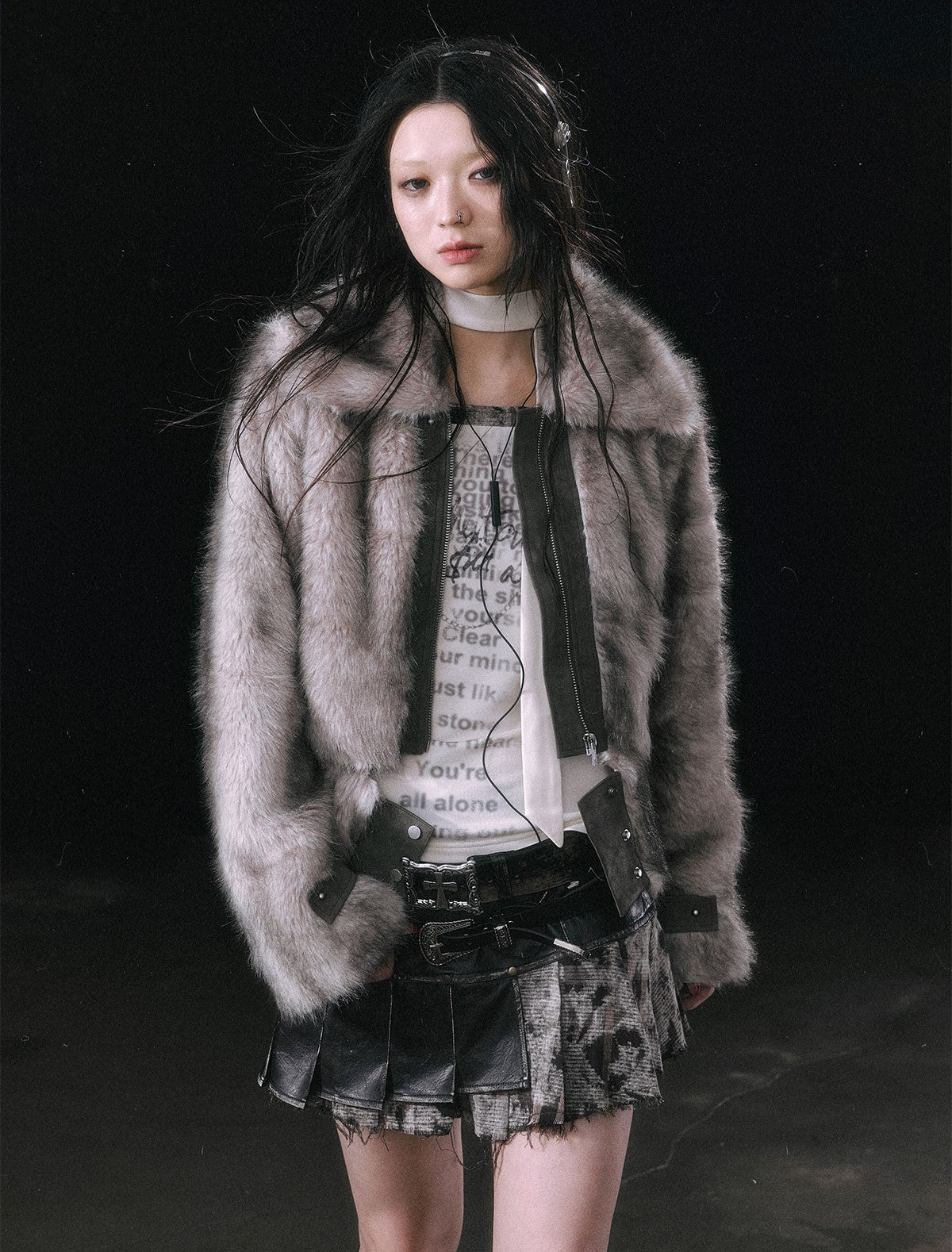 Smudged Leather Eco-friendly Fur Lapel Detachable Hem Coat CES0114