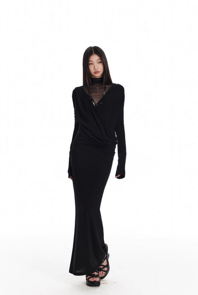 Diamond Cross Design High Collar See-through Mesh Long-sleeved Top 4MU0078