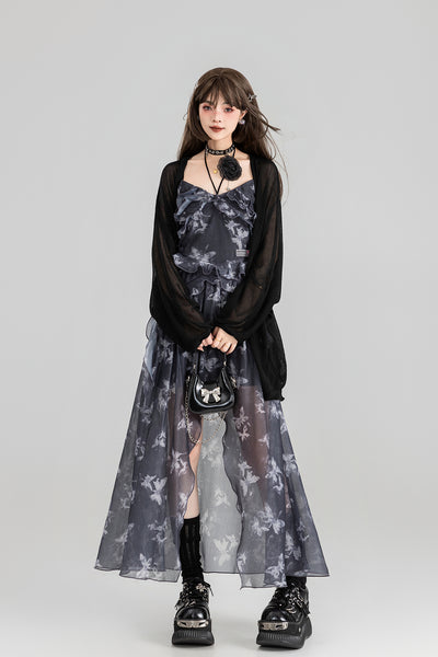 Butterfly Floral Sling Strap Backless Tulle Long Dress/Cardigan KEI0118