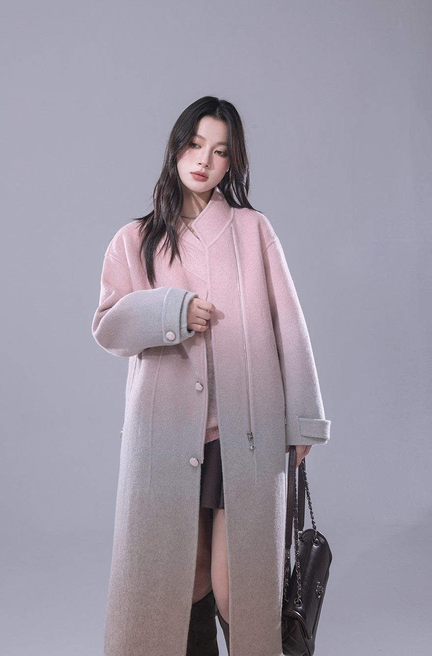 Gradient Powder Pink And Blue Contrast Tencel Double-faced Wool Coat COT0163