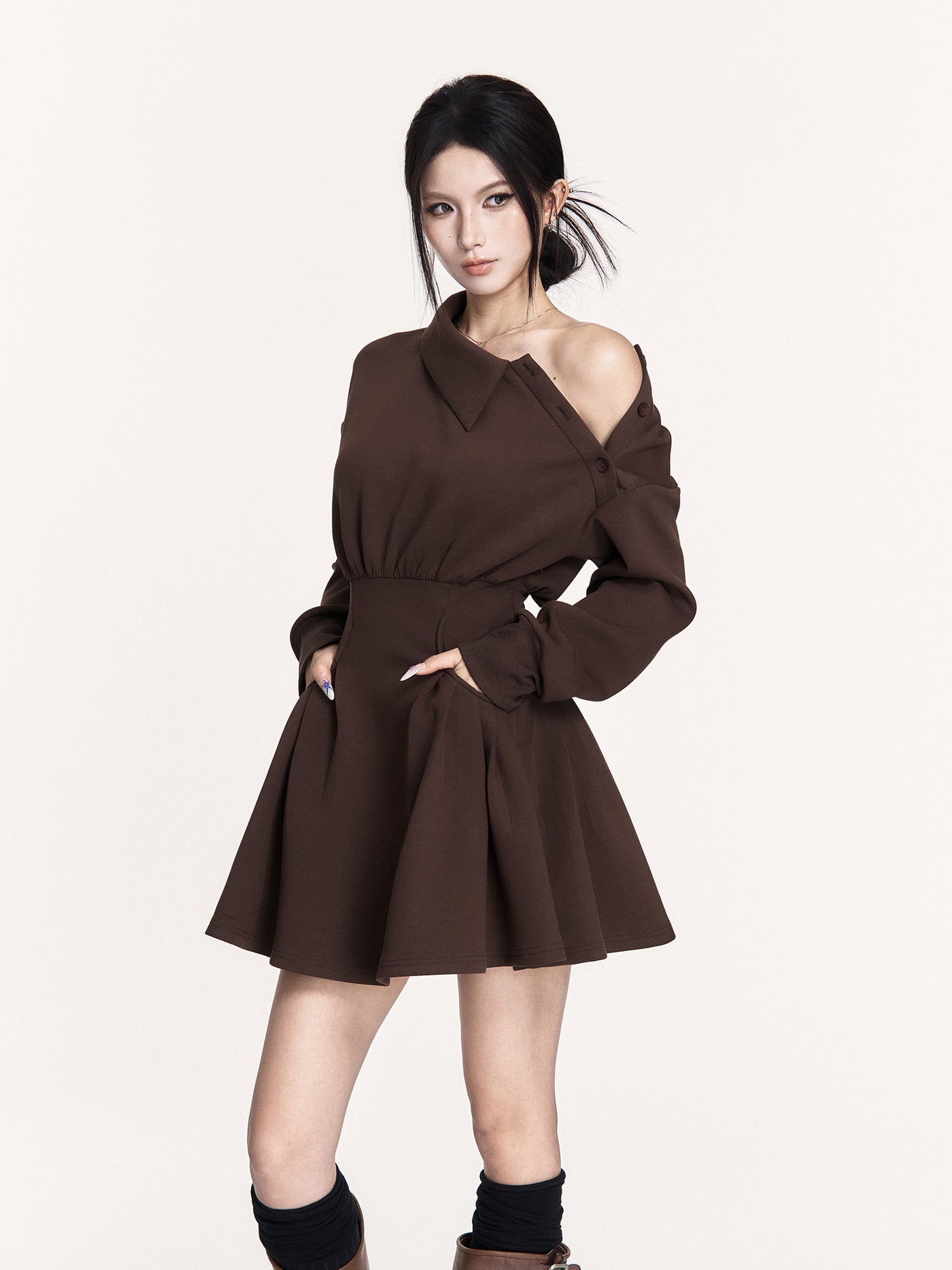 Off-Shoulder Long-Sleeved Sweatshirt Dress VOC0458