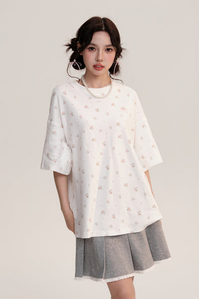 Daisy Wind Chime Floral Printed Short Sleeve Round Neck T-shirt AOO0014