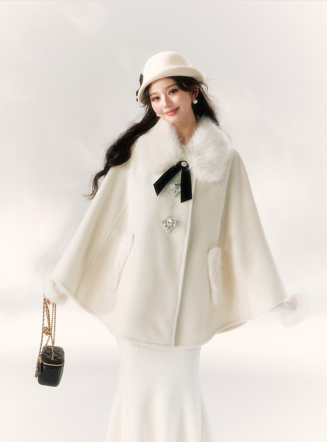 Ribbon Diamond Button Fur Collar Cape BBB0091