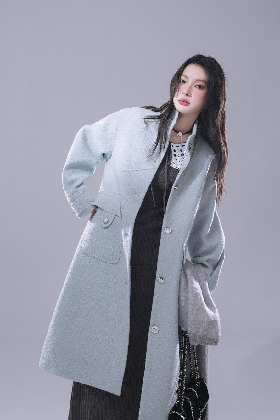 Skyblue Stand Collar Wool Long Coat COT0168