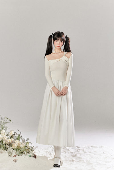 French White Hollow Design Knitted Long Dress TBI0048