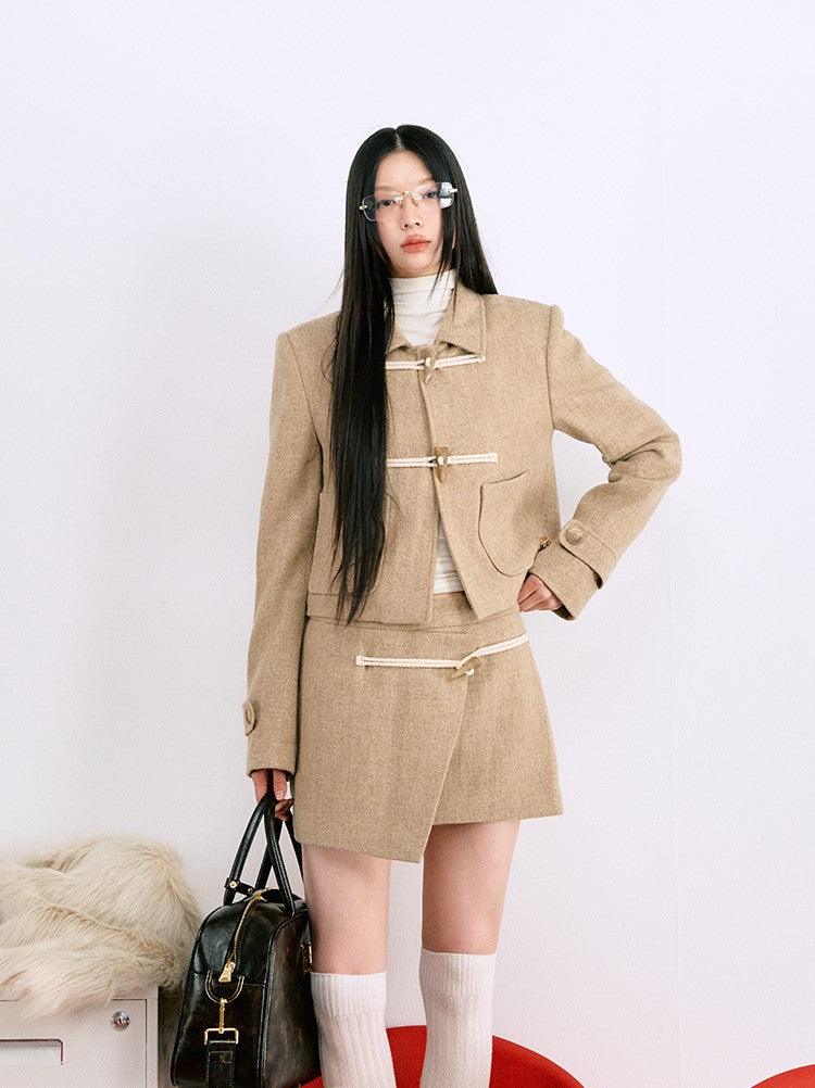 Classic All-wool Horn Button Jacket/Short Skirt LAL0075